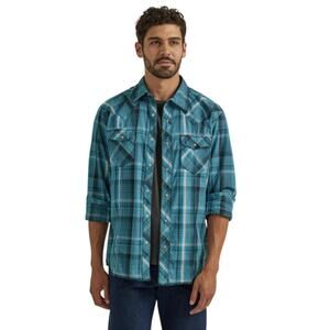 Wrangler Western Wear Mens Shirt Large Teal Plaid Modern Fit Snap Closure Cowboy